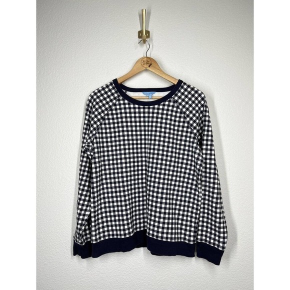 Draper James Large L Natalie Sweatshirt Navy White Gingham Plaid - Picture 1 of 5
